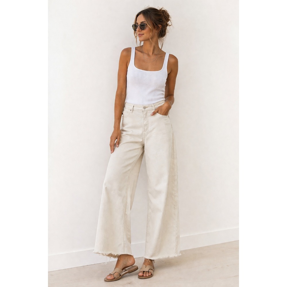 OAT New York Wide Leg Pants Womens 29/8‎ Oatmeal Raw Hem Relaxed Trendy Summer
